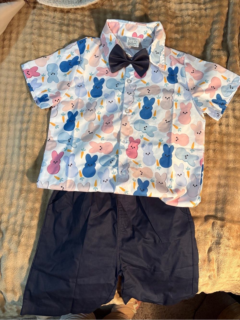 Bunny Print Short Sleeve Button-Up with Navy Bow Tie and Shorts Nwot